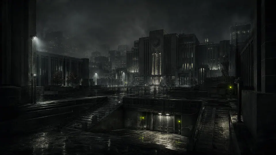 Severe government buildings and surveillance around Civic Center