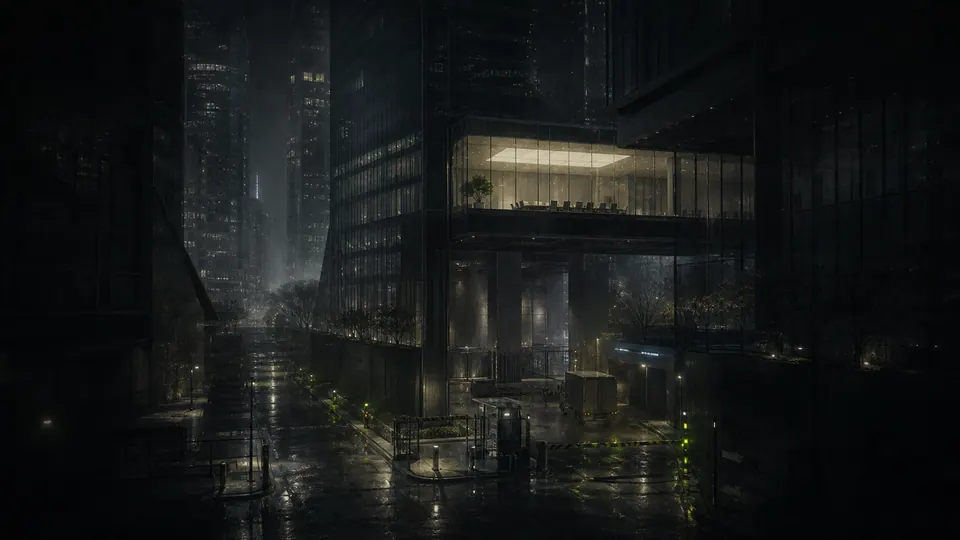Corporate towers and financial corridors in Greyhaven's Glass Ward