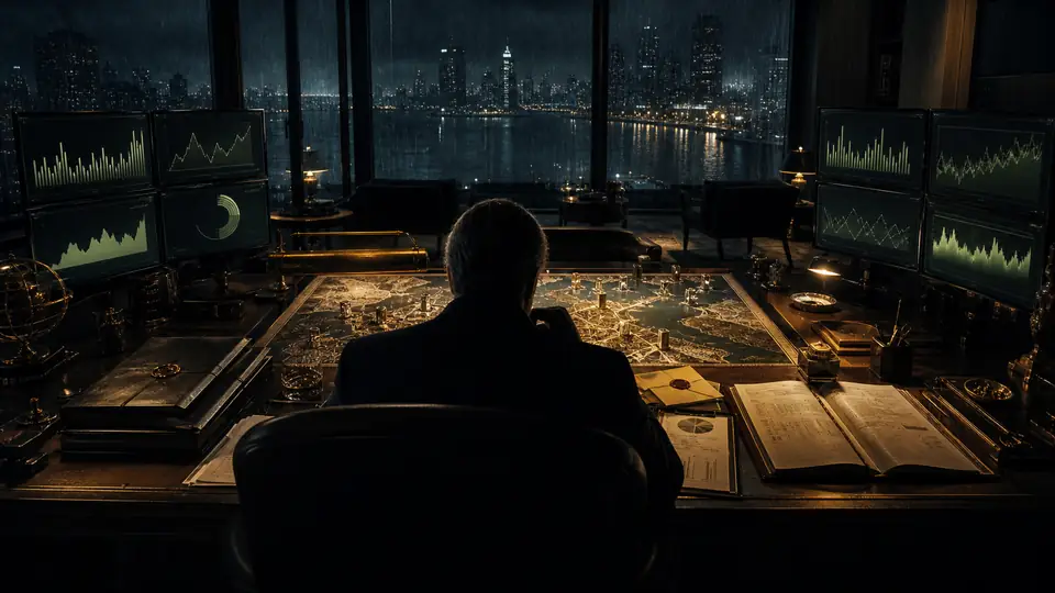 A Greyhaven capital desk with city map, portfolio records and risk monitors