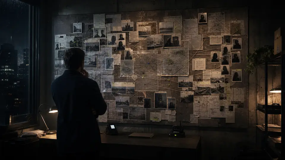 An operator tracing contacts, sources and obligations across an evidence wall